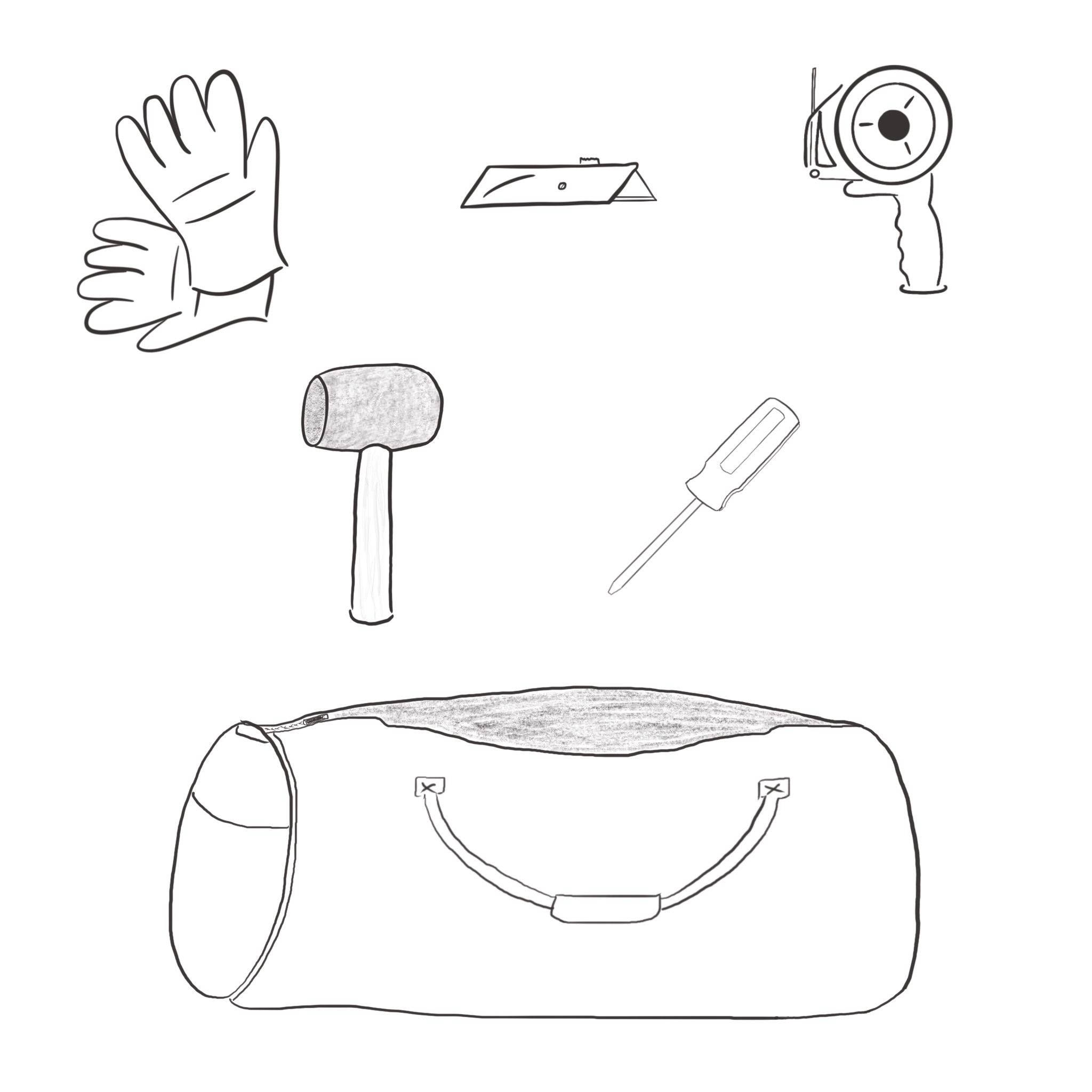 Drawing of a pair of work gloves, utility knife, tape dispenser, rubber mallet, screwdriver, and a duffel bag